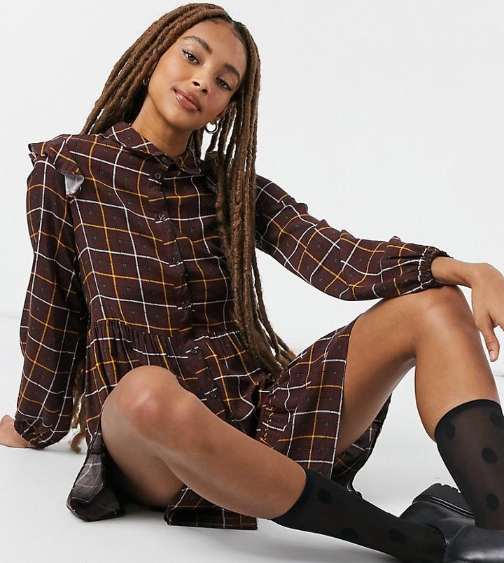 Stradivarius Smock Shirt Dress In Brown Check-black