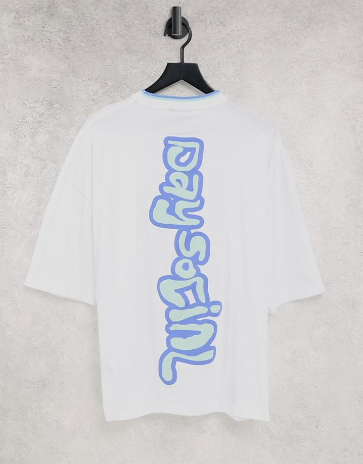 Asos Daysocial Oversized T-shirt With Tipped Rib Neck And Vertical Logo Back Print In White