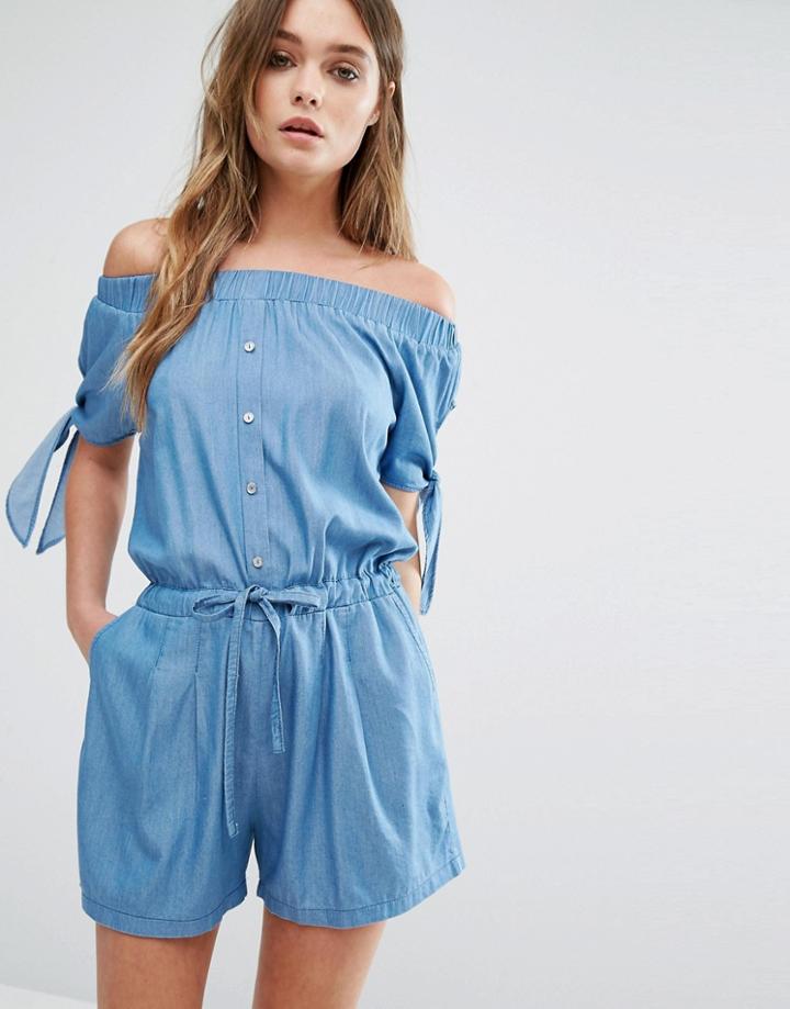 Liquorish Denim Off The Shoulder Romper - Blue