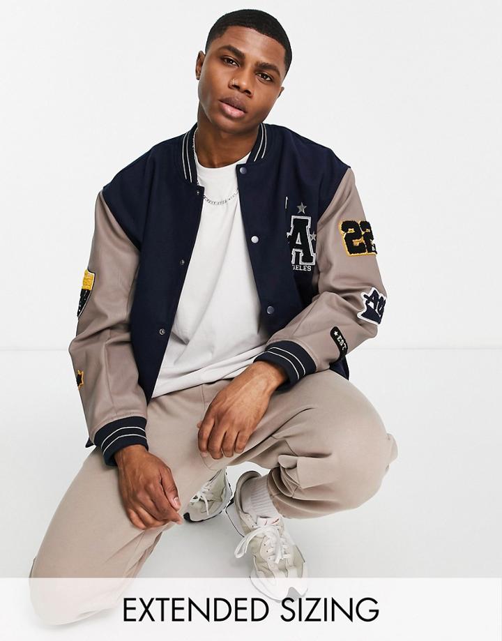 Asos Design Oversized Varsity Bomber Jacket In Navy With Mushroom Faux Leather Sleeves