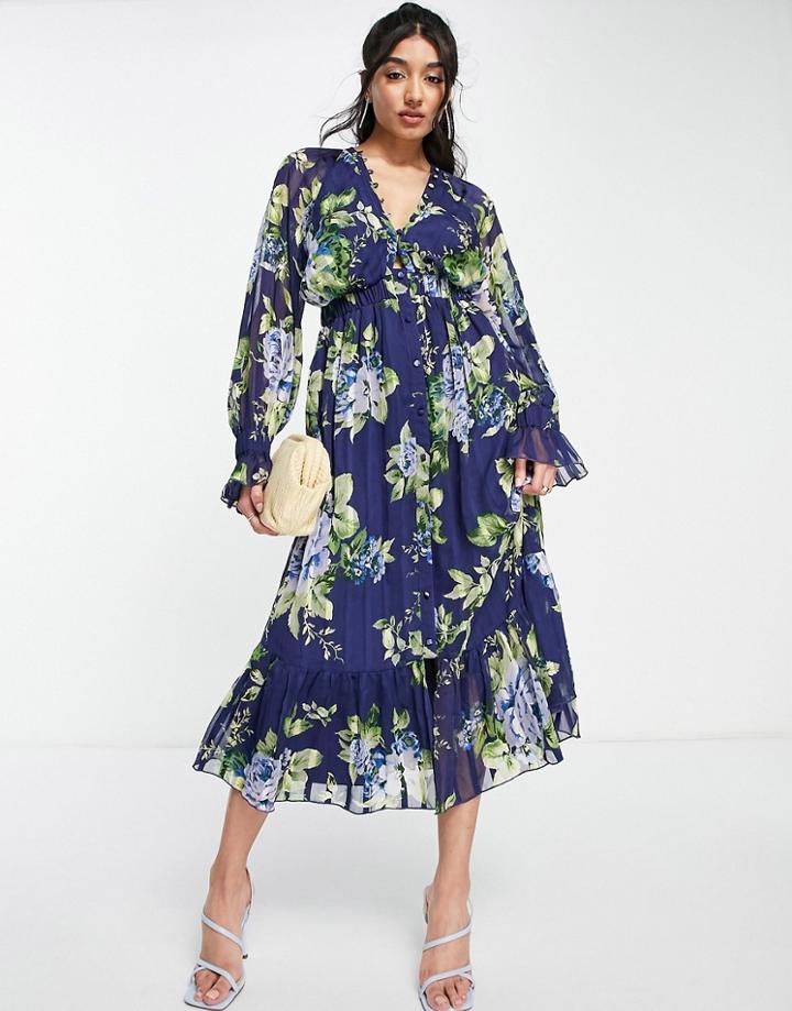 Asos Design Satin Stripe Midi Dress With Blouson Sleeve And Button Detail In Navy Floral Print-multi