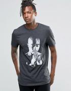 Asos Longline T-shirt With Tupac Face Front And Back Lyric Print - Charcoal Marl