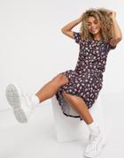 Urban Threads Dropped Hem Smock Midi Dress In Splodge Print-black