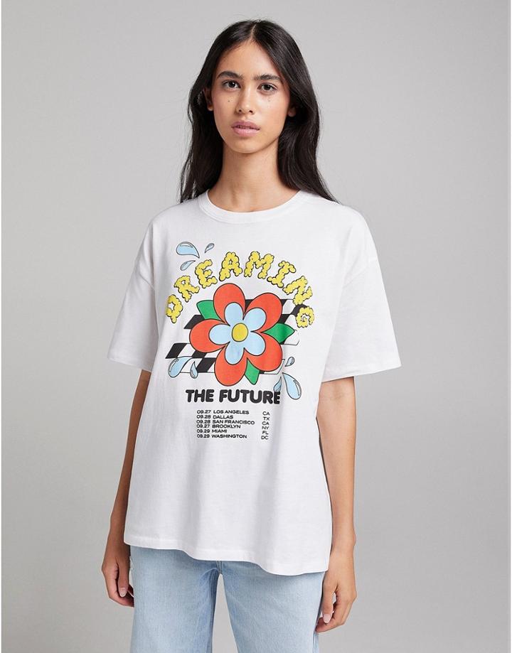 Bershka Oversized 'dreaming' Slogan Tee In White