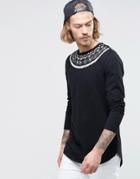 Asos Longline Long Sleeve T-shirt With Geo-tribal Yoke Print And Curve Hem - Black