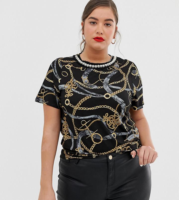 River Island Plus Tee With Contrast Tipping In Chain Print - Black