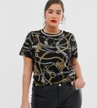 River Island Plus Tee With Contrast Tipping In Chain Print - Black
