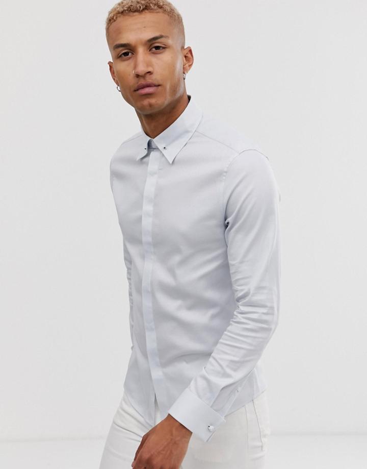 Asos Design Wedding Skinny Fit Twill Shirt In Light Blue With Collar Bar