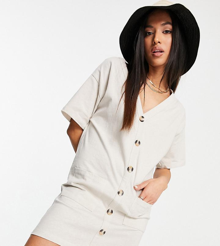 Asos Design Petite Button Through T-shirt Dress In Stone-white