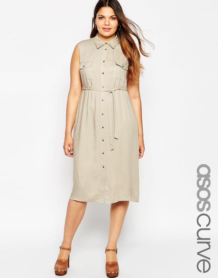 Asos Curve Belted Shirt Midi Dress With Pockets - Black