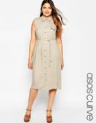 Asos Curve Belted Shirt Midi Dress With Pockets - Black