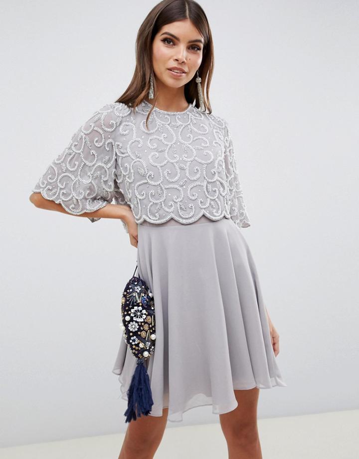 Asos Design Pearl Embellished Crop Top Mini Dress-gray