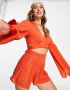 South Beach Viscose Crepe Front Knot Top And Shirred Waist Shorts-orange