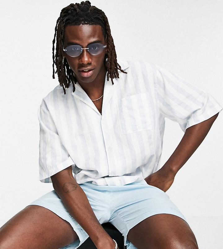 Collusion Boxy Short Sleeve Shirt In Linen Stripe-multi
