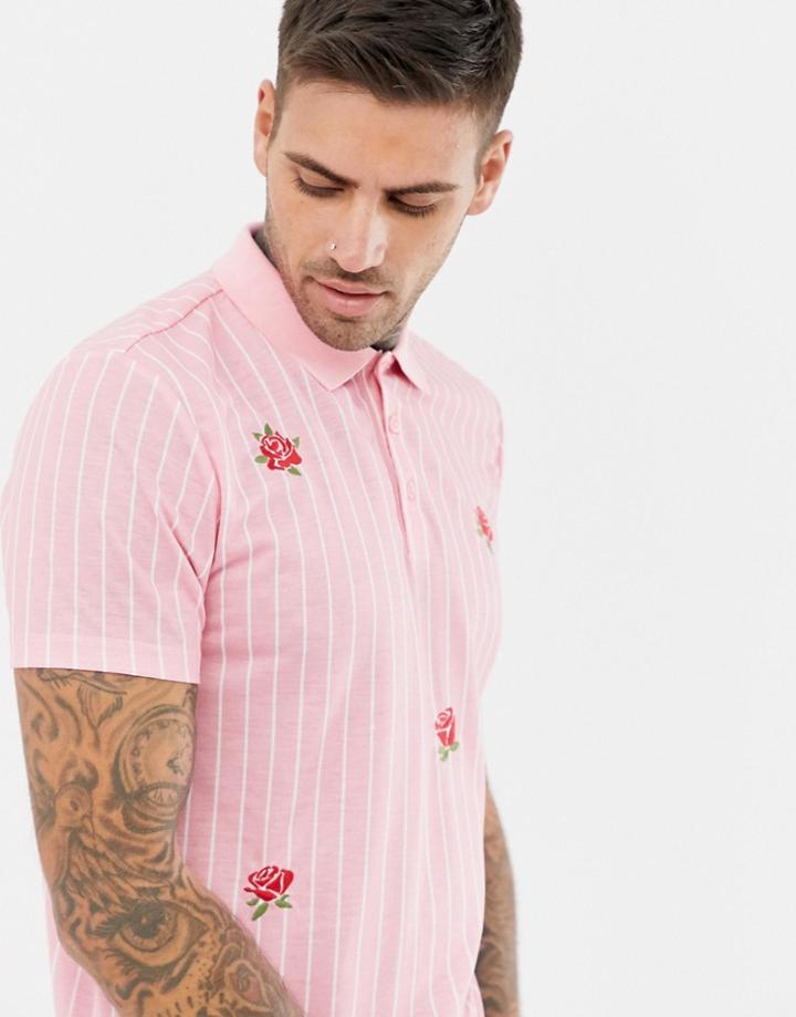 Asos Design Vertical Striped Polo With Rose Embroidery - Pink