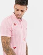 Asos Design Vertical Striped Polo With Rose Embroidery - Pink