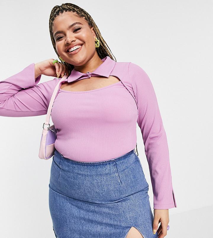 Asos Design Curve Collar Ribbed Top With Cut Out In Pink-brown