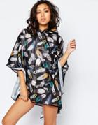 Asos Shower Proof Feather Print Pac Away Trench - Black