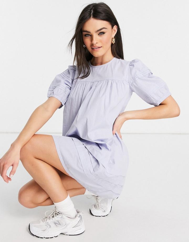 Warehouse Pintuck Puff Sleeve Mini Dress In Light Blue-blues