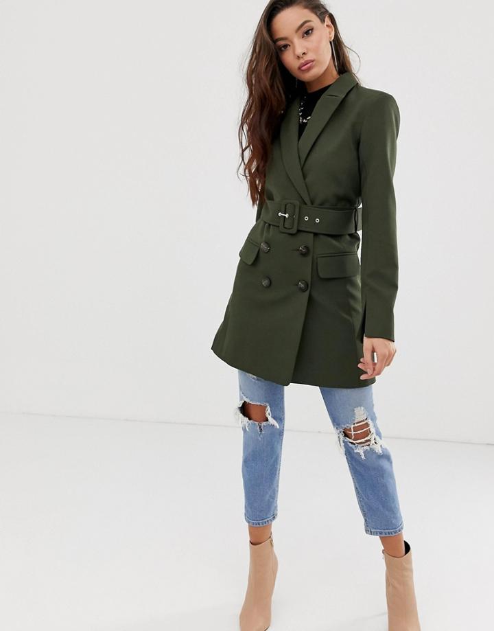 Asos Design Utility Longline Belted Blazer In Khaki-green