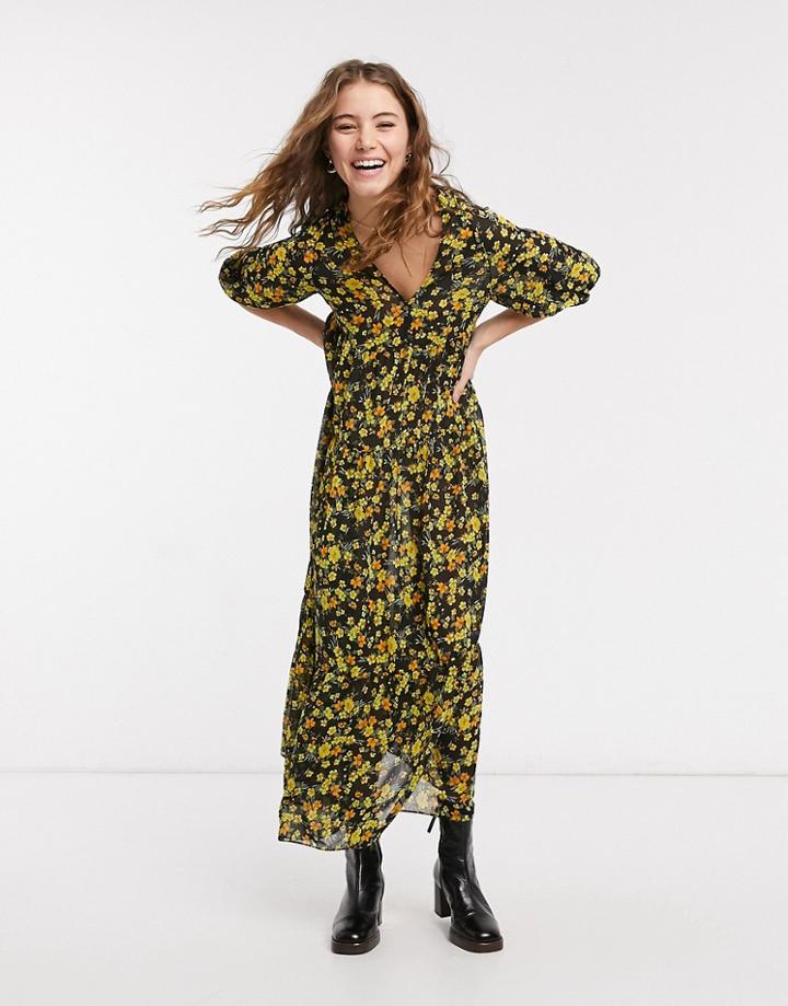 Asos Design Oversized Midi Smock Dress In Dark Ditsy Floral-multi