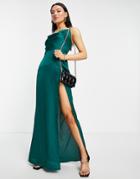 Saint Genies Cowl Front Satin Maxi Dress In Emerald-green