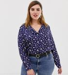 Glamorous Curve Revere Collar Blouse In Vintage Floral Print Satin-navy