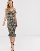Ax Paris Leopard Print Cold Shoulder Midi Dress-multi