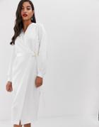 Closet London Wrap Front Satin Long Sleeve Pencil Dress With Belt Detail In White - White