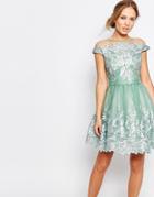 Chi Chi London Off Shoulder Mini Prom Dress With Embroidered Lace - Sage Green