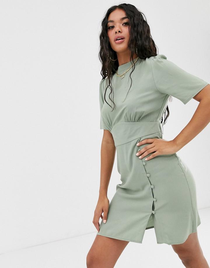 Asos Design Mini Tea Dress With Buttons-green