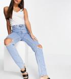 Asos Design Tall High Rise Farleigh 'slim' Mom Jeans In Lightwash With Rips-blues
