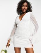 Starlet Bridal Plunge Mini Dress With Faux Feather Kimono Sleeve In Ivory Sequin-white