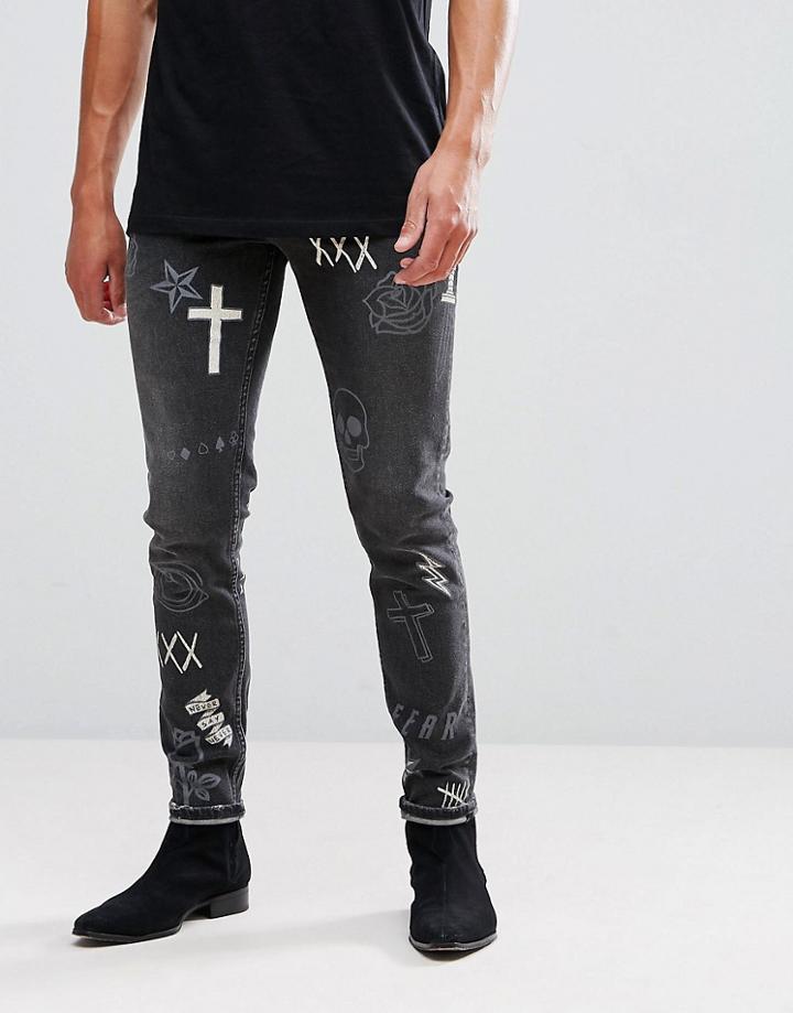 Asos Skinny Jeans In Vintage Black With All Over Doodle Prints - Black