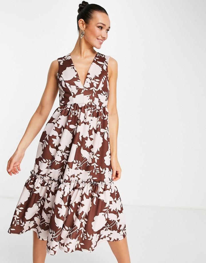 Asos Design Peplum Hem Midi Dress In Brown Floral-multi