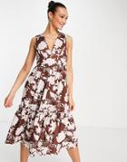 Asos Design Peplum Hem Midi Dress In Brown Floral-multi