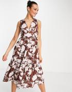 Asos Design Peplum Hem Midi Dress In Brown Floral-multi