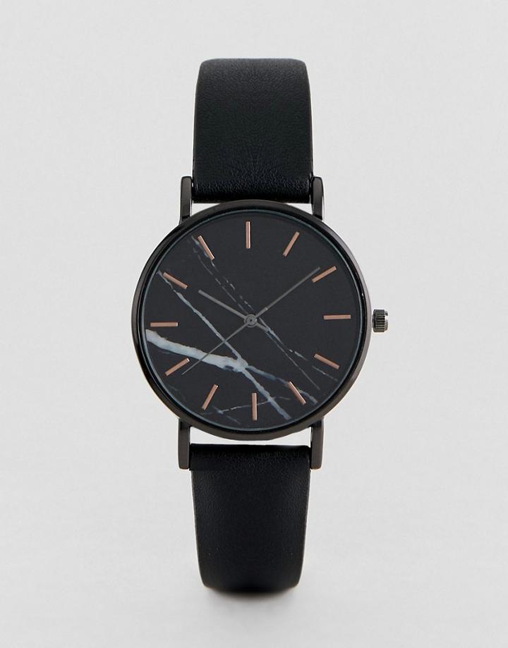 Asos Design Watch With Black Marble And Rose Gold Details In Black - Black