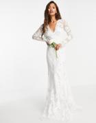 Asos Edition Ivy Plunge Wedding Dress With Long Sleeve In Floral Embellishment-white