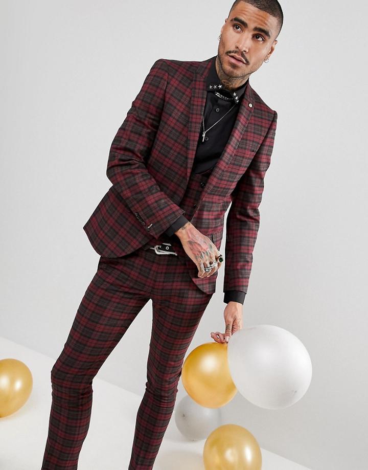 Noose & Monkey Super Skinny Suit Jacket In Plaid Check - Red