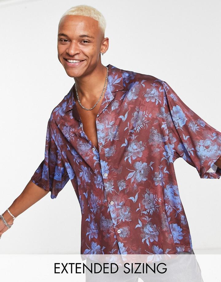 Asos Design Dropped Shoulder Oversized Camp Collar Satin Shirt In Brown Floral