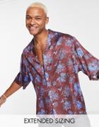 Asos Design Dropped Shoulder Oversized Camp Collar Satin Shirt In Brown Floral