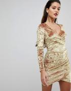 Flounce London Wrap Ruched Mini Dress In Electric Velvet - Gold