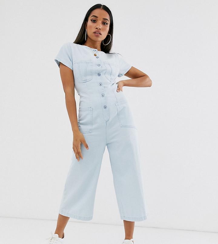 Asos Design Petite Denim Button Through Jumpsuit With Open Back In Midwash Blue