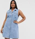 Asos Design Curve Denim Sleevless Skater Shirt Dress - Blue