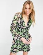River Island Floral 70s Mesh Flared Sleeve Mini Dress In Green