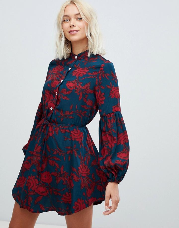 Parisian Floral Print Collarless Shirt Dress - Multi