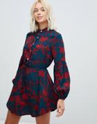 Parisian Floral Print Collarless Shirt Dress - Multi