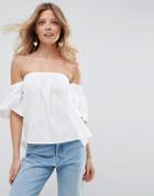 Asos Cotton Off Shoulder Top With Fluted Sleeve - White