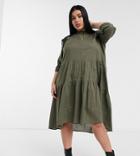 Only Curve Midi Smock Dress With Tiering In Khaki-green